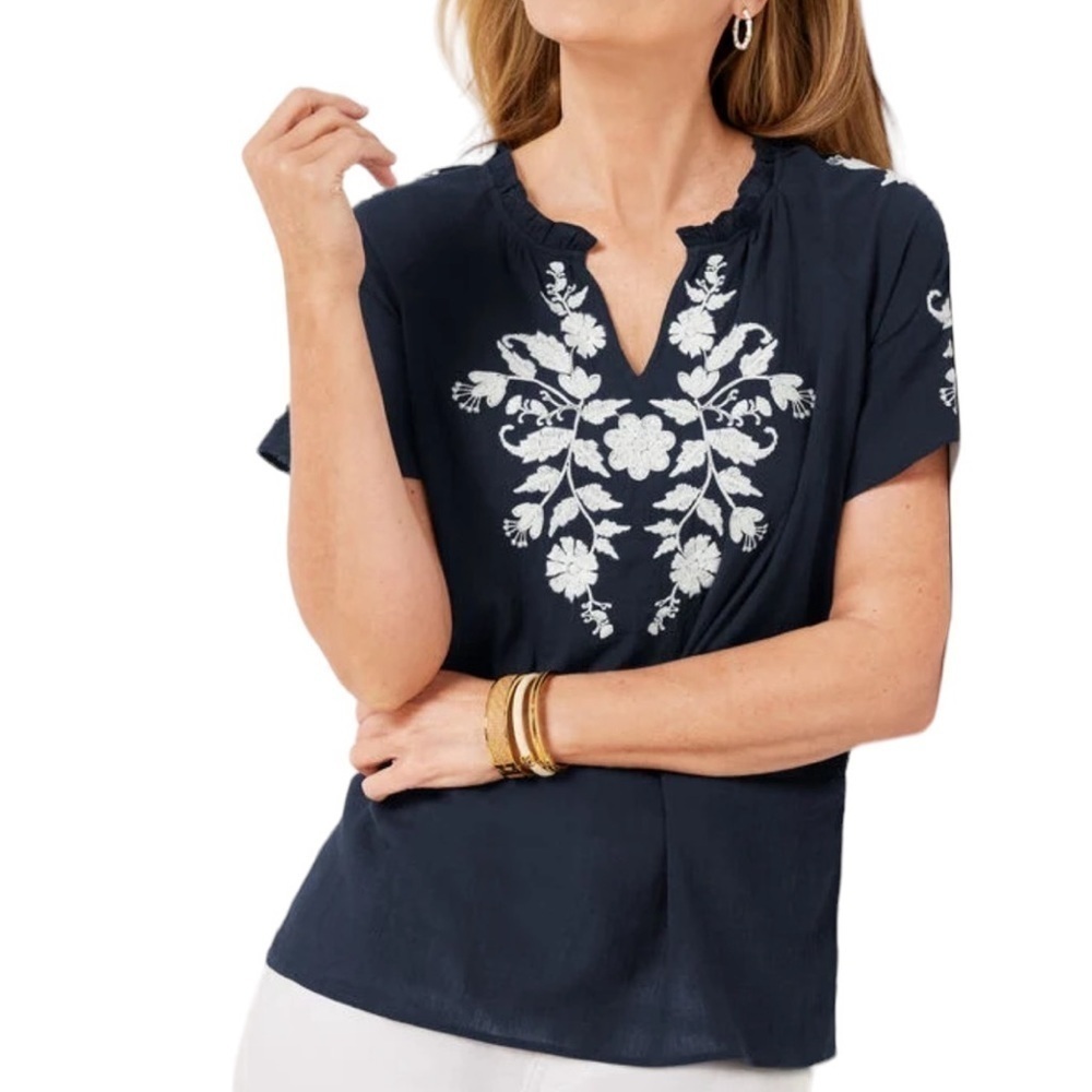 Talbots Embroidered Gauze Ruffle Neck Navy Top Size M